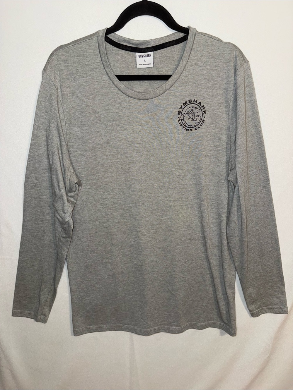 Gymshark Men’s Long Sleeve Shirt Light Grey Size L - Lifting Club Shark Graphic